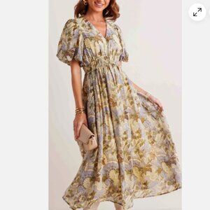 Avara Blue and Green Paisley Print Puff Bubble Sleeve Maxi Dress